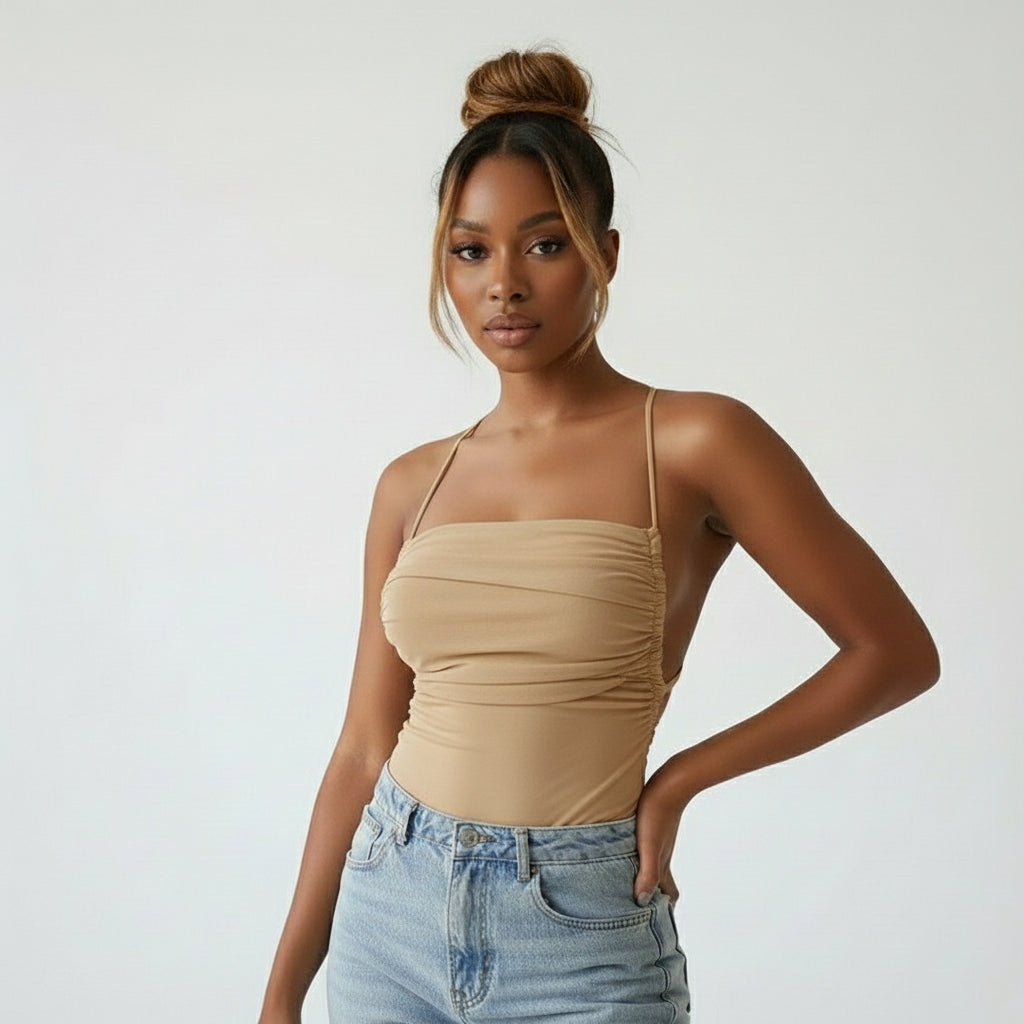 Sleeveless Chic Mesh Ruched Halter Bodysuit