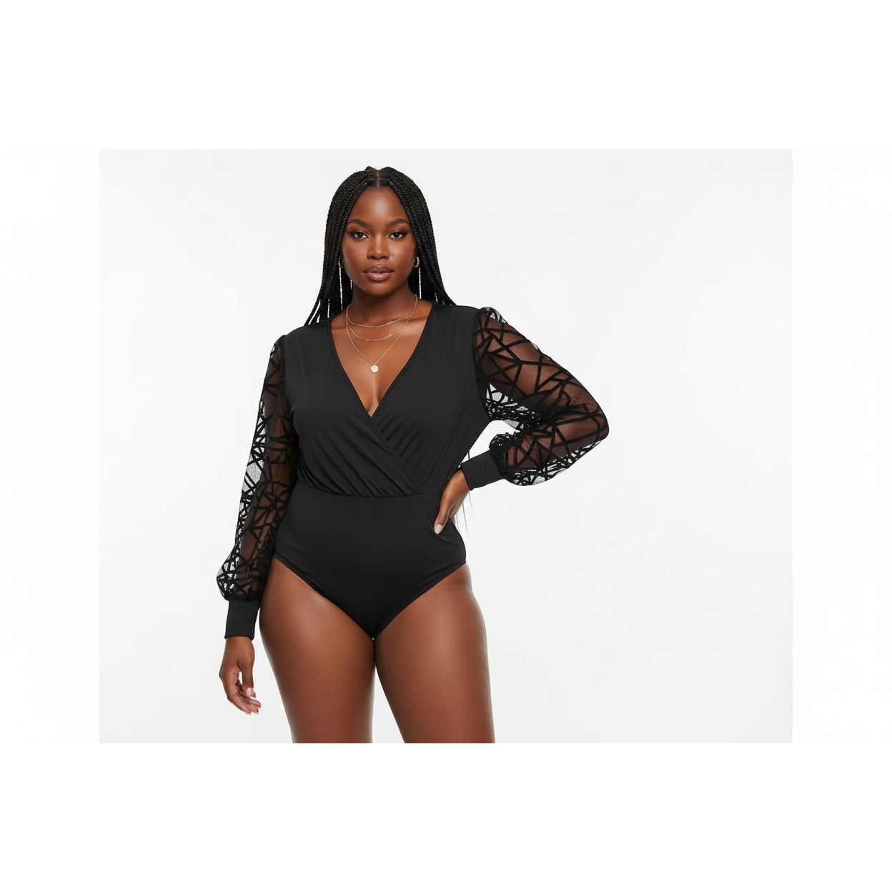 V-Neck Mesh Long Sleeve Bodysuit