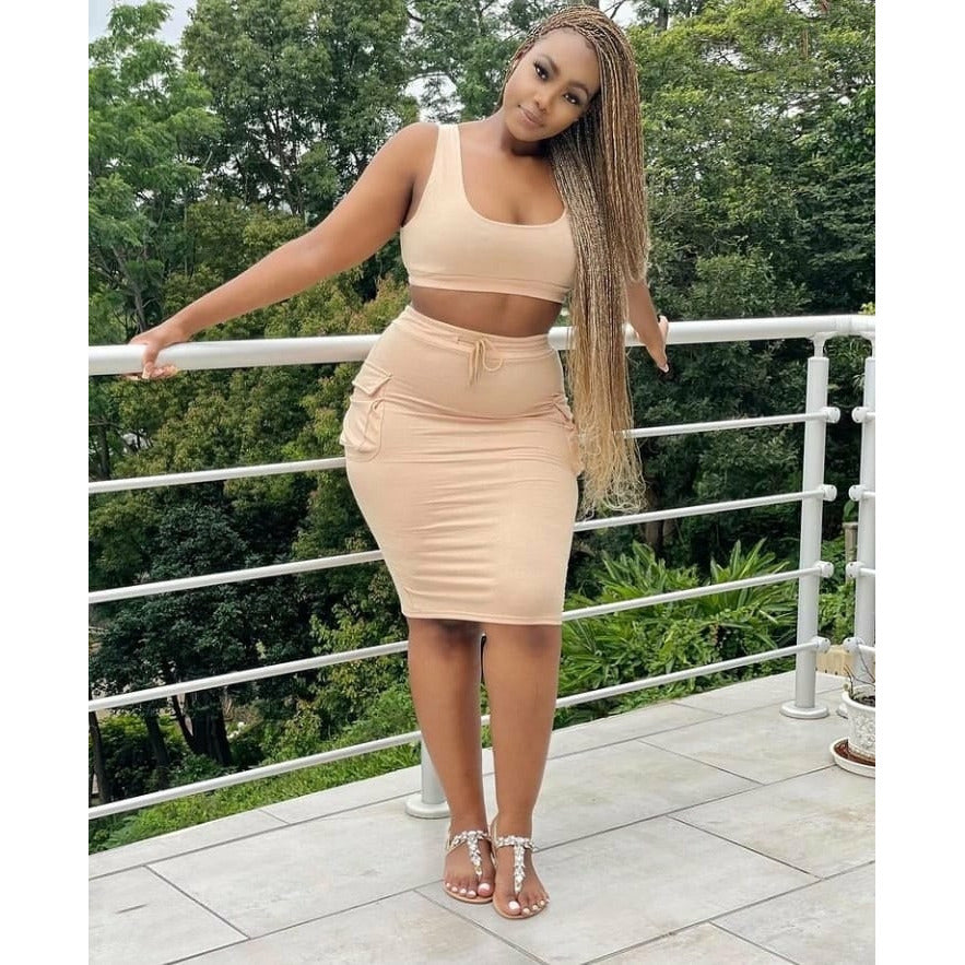 High Waisted Side Pocket Skirt and crop Top Set