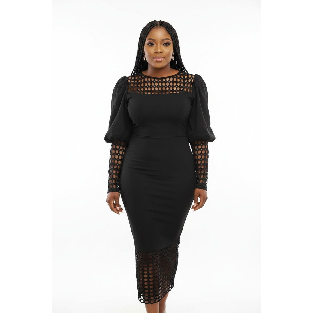 Mesh Hollow Out Long Lantern Sleeves Dress