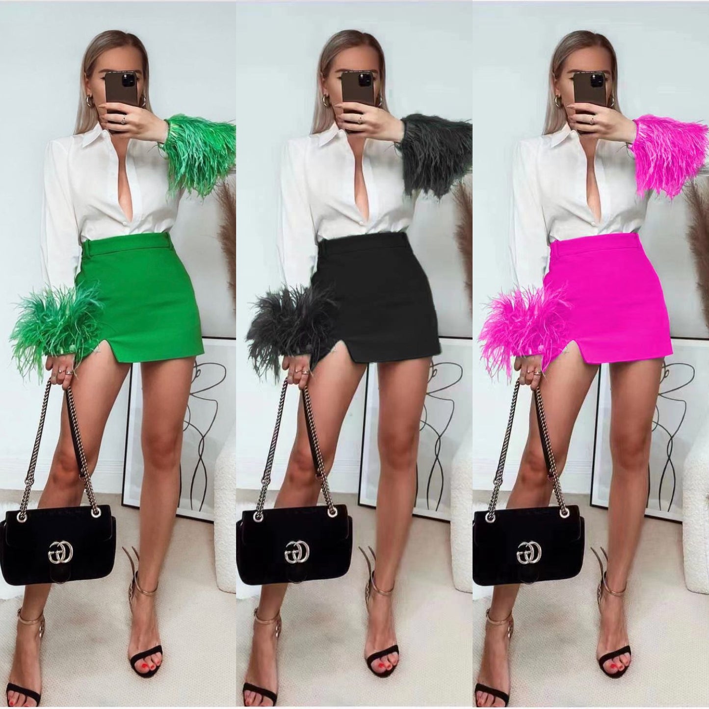 Feathers on the Cuffs Shirt and Mini Skirt Set