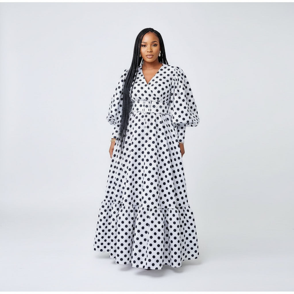 Deep V-Neck Polka Dot Long Sleeve Maxi Dress