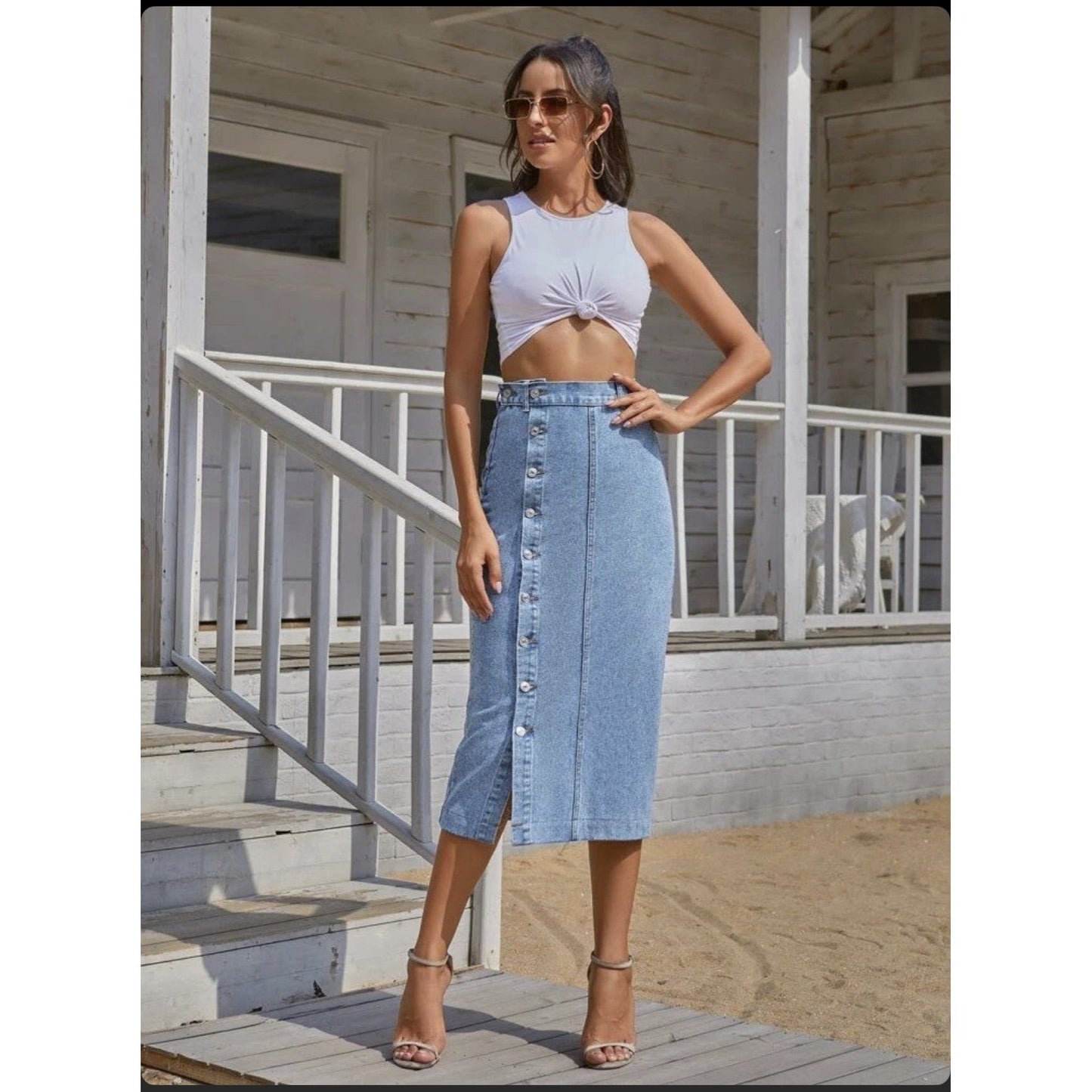 Single Button Split Denim Skirt