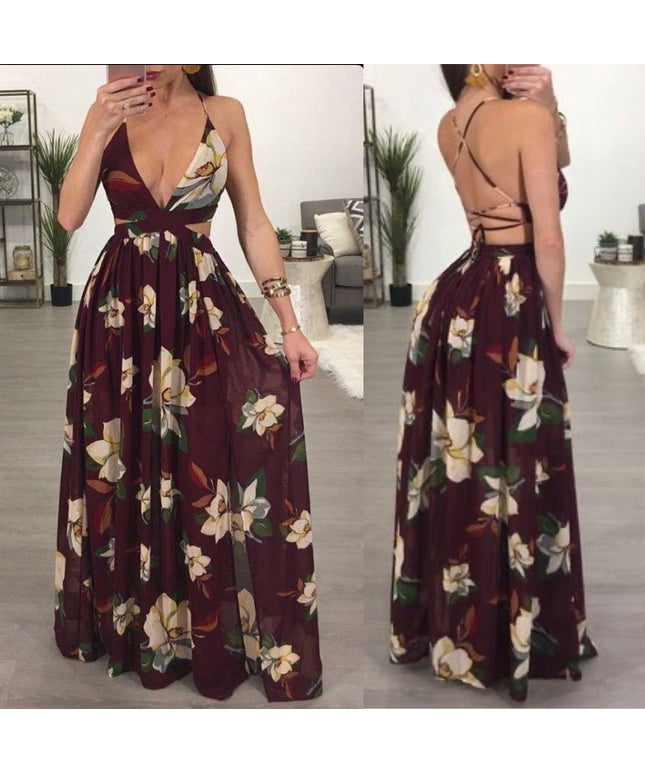 Deep V-Neck Backless Floral Maxi Dress
