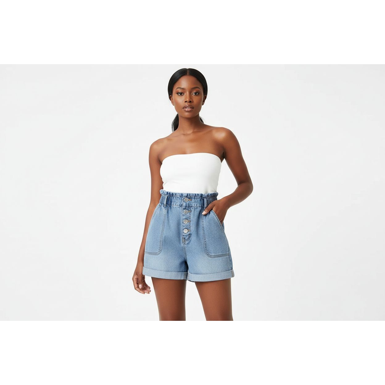 Elastic Waist Denim Shorts