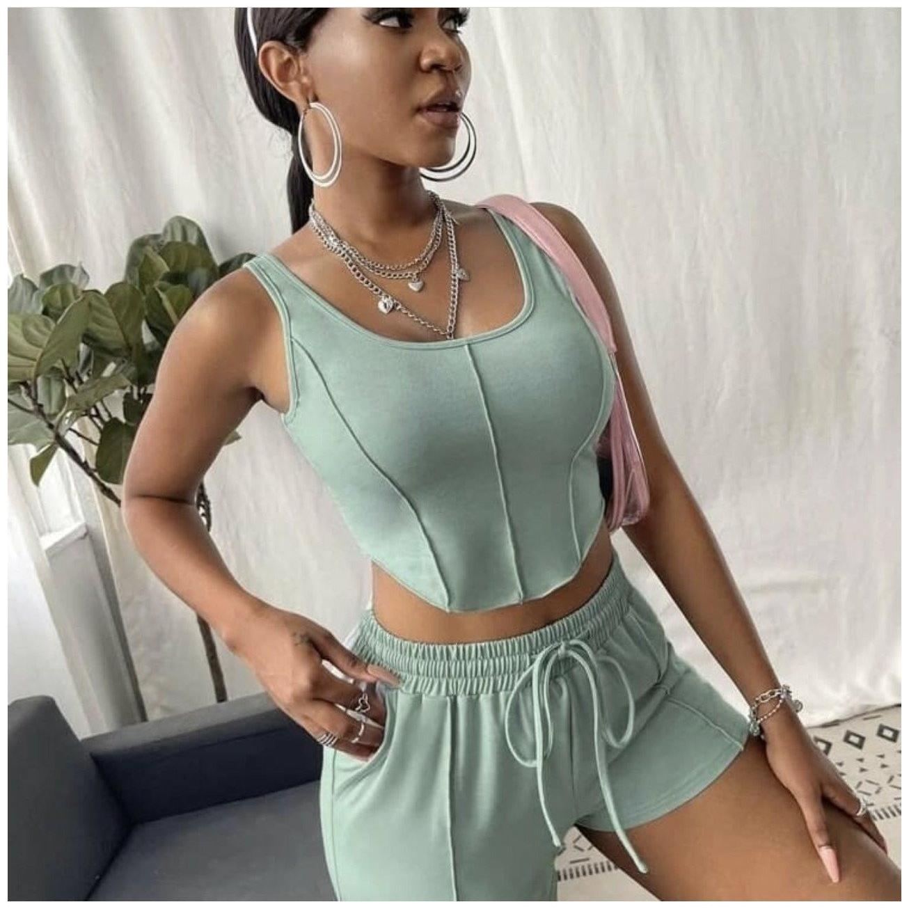 Crop Tank Top Drawstring Waist Track Shorts Set