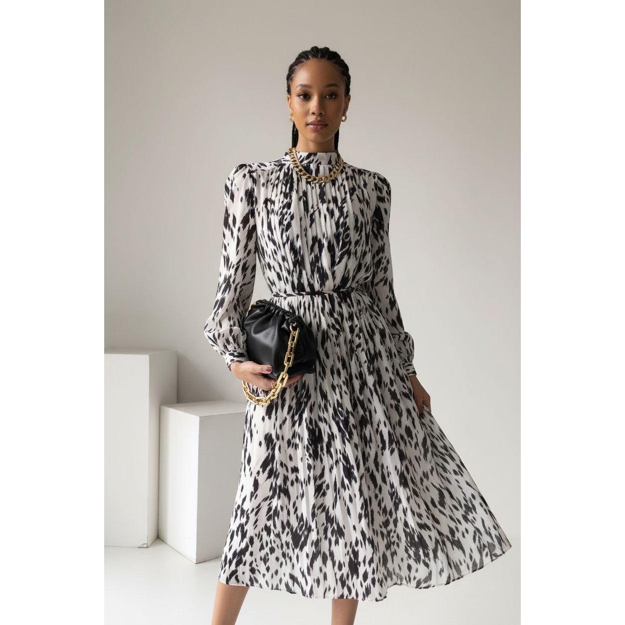Hit Color Print Loose Strap Pleated Mid Dress