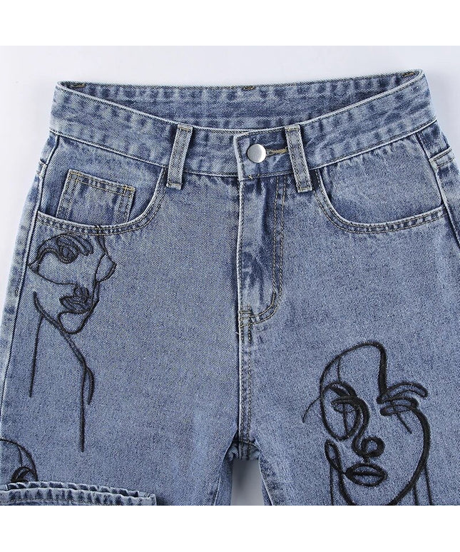 Embroidery High Waist Graphic Denim Mom Jeans