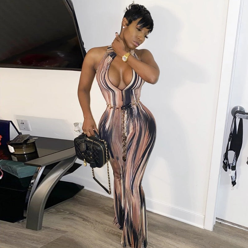 Halter Neck Zipper Graphic Printed Jumpsuits