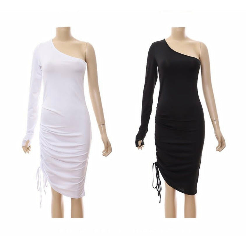 Single Shoulder Long Sleeve Drawstring Dress – YELLOW SUB TRADING