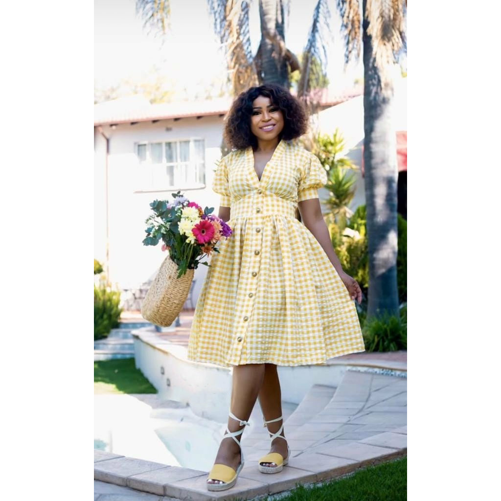 Short Sleeve V Neck Plaid Midi Dress