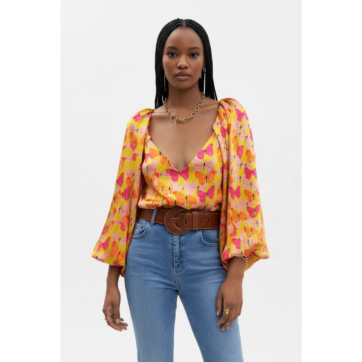 Lantern Sleeve Printing V Neck Floral Print Blouse
