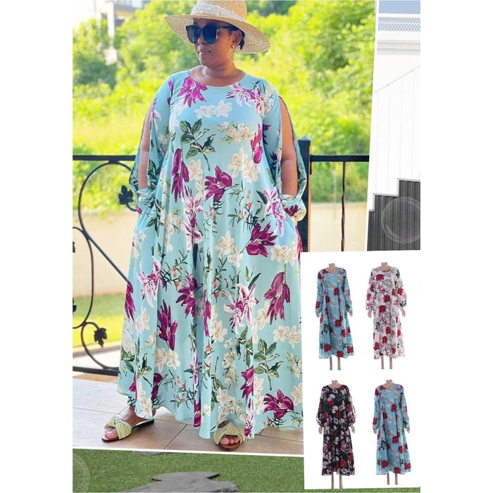 Slit Sleeves Floral Print Maxi Dress