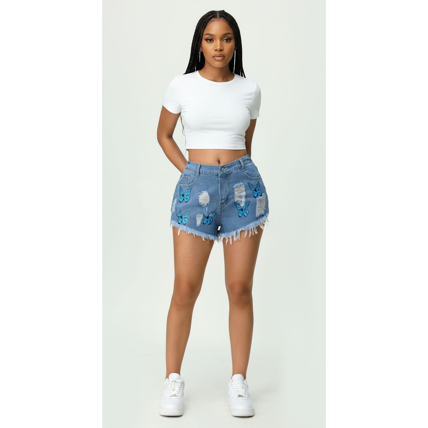 Butterfly Print Distressed Denim Short