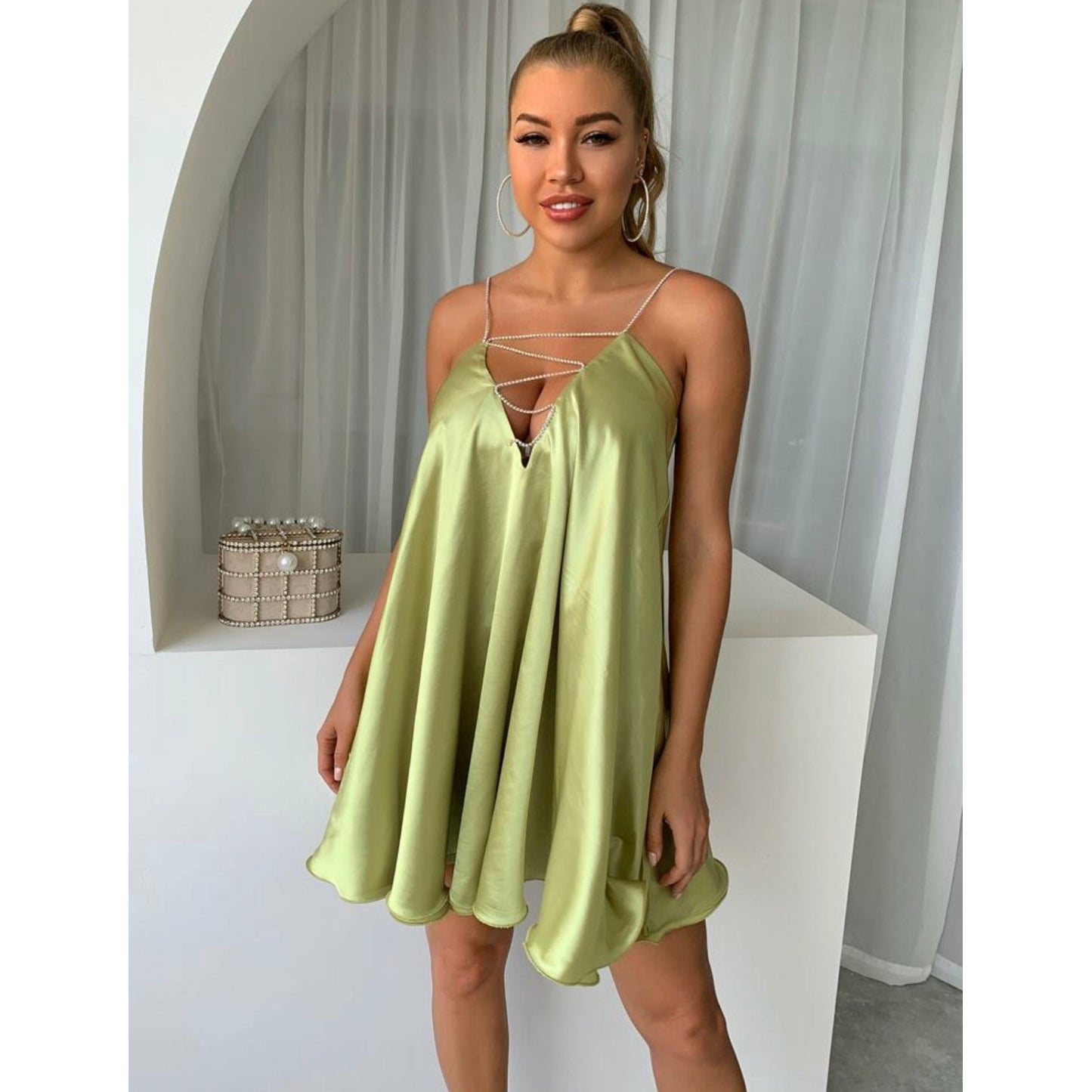 V Neck Chain Strap Backless Dress