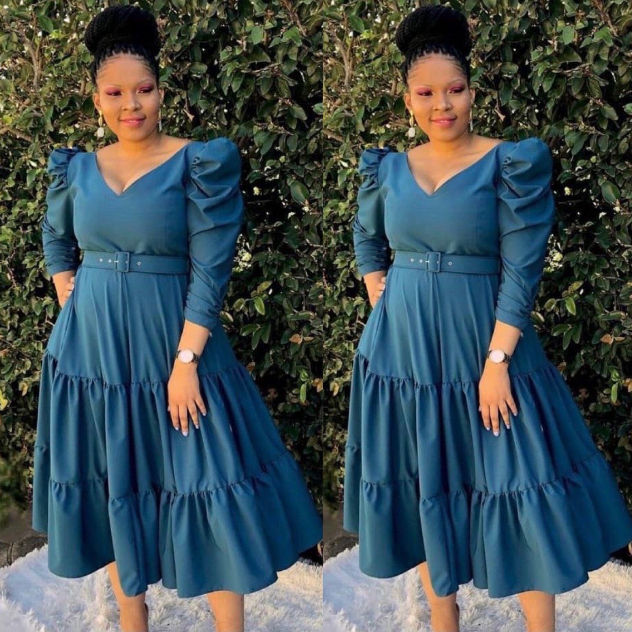 V-Neck Puff Shoulder Dress