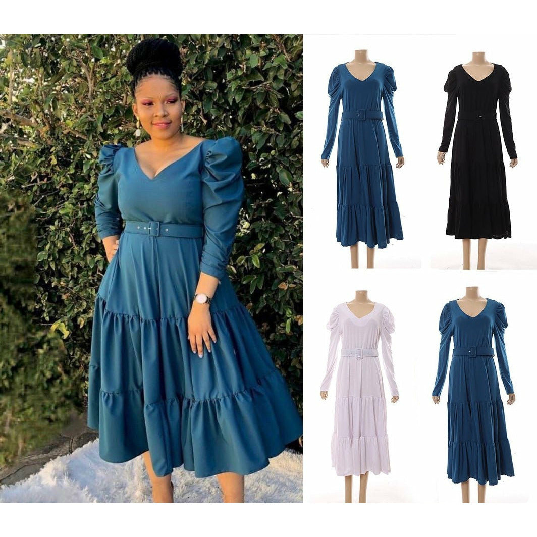 V-Neck Puff Shoulder Dress