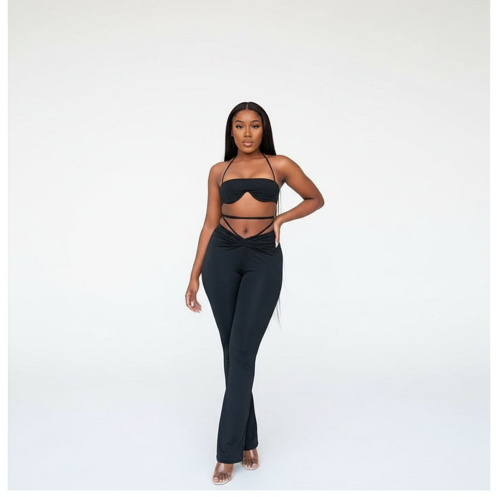 V-shaped waist cross belt flared pants