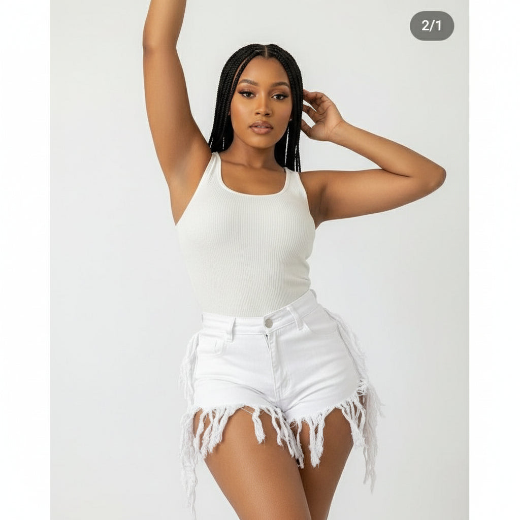 Fringed High Waist Denim Shorts