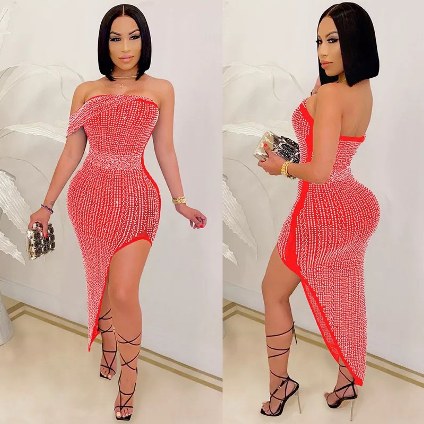 Rhinestone Diamond Asymmetrical Sexy Dress