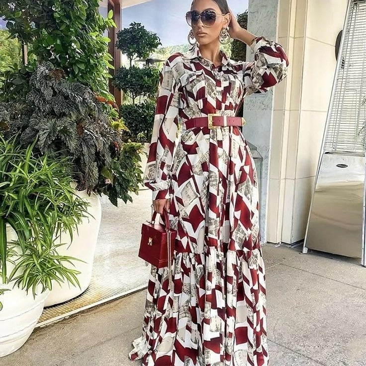 Print Button Detailed Maxi Dress.