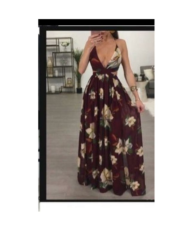 Deep V-Neck Backless Floral Maxi Dress