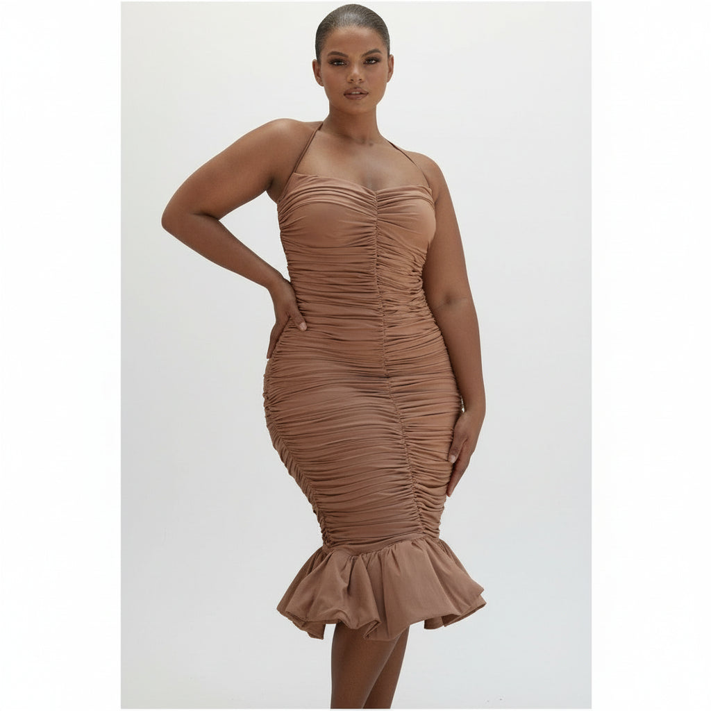 Halter Ruffle Party Midi Dress