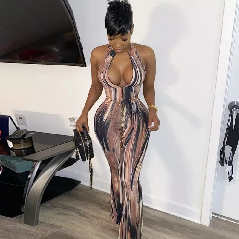 Halter Neck Zipper Graphic Printed Jumpsuits