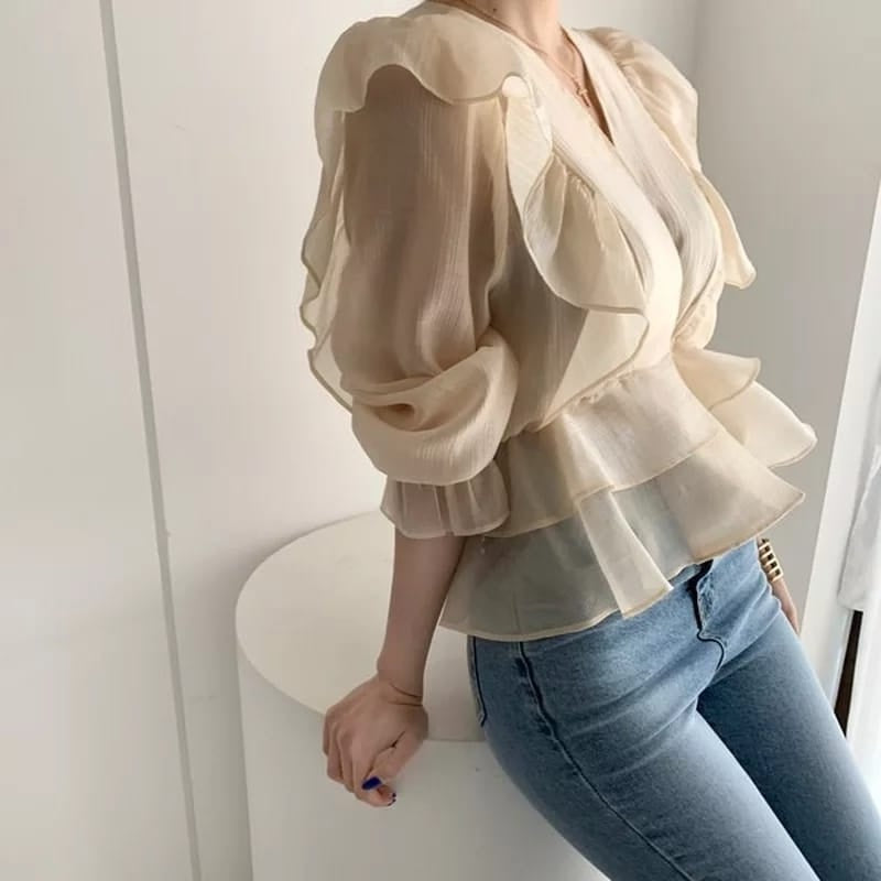 V-Neck Flare Sleeve Blouse