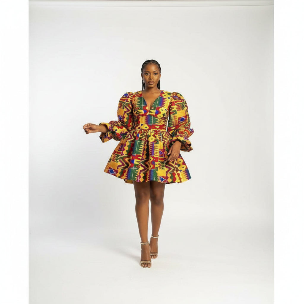 V-Neck Mini Ankara Dress