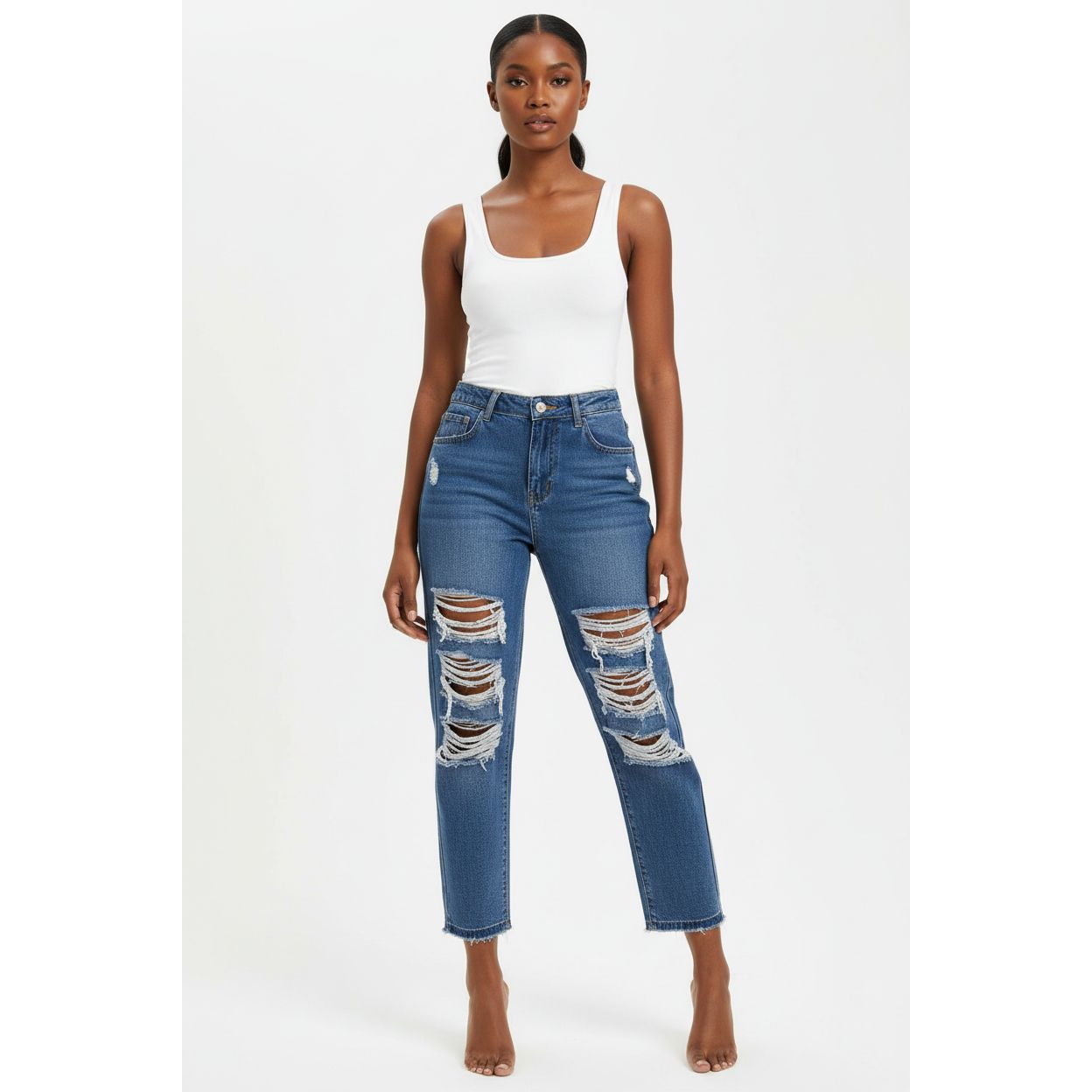 High Waisted Ripped Mommy Jeans