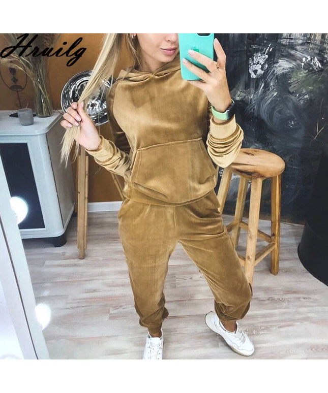 Hooded Pockets Casual Velvet Two Piece Set