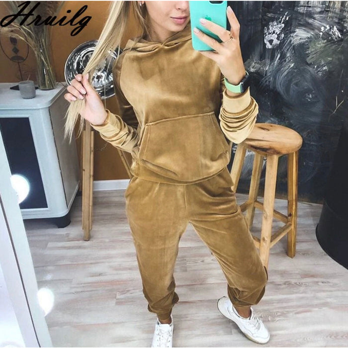 Hooded Pockets Casual Velvet Two Piece Set