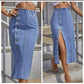 Single Button Split Light Denim Skirt