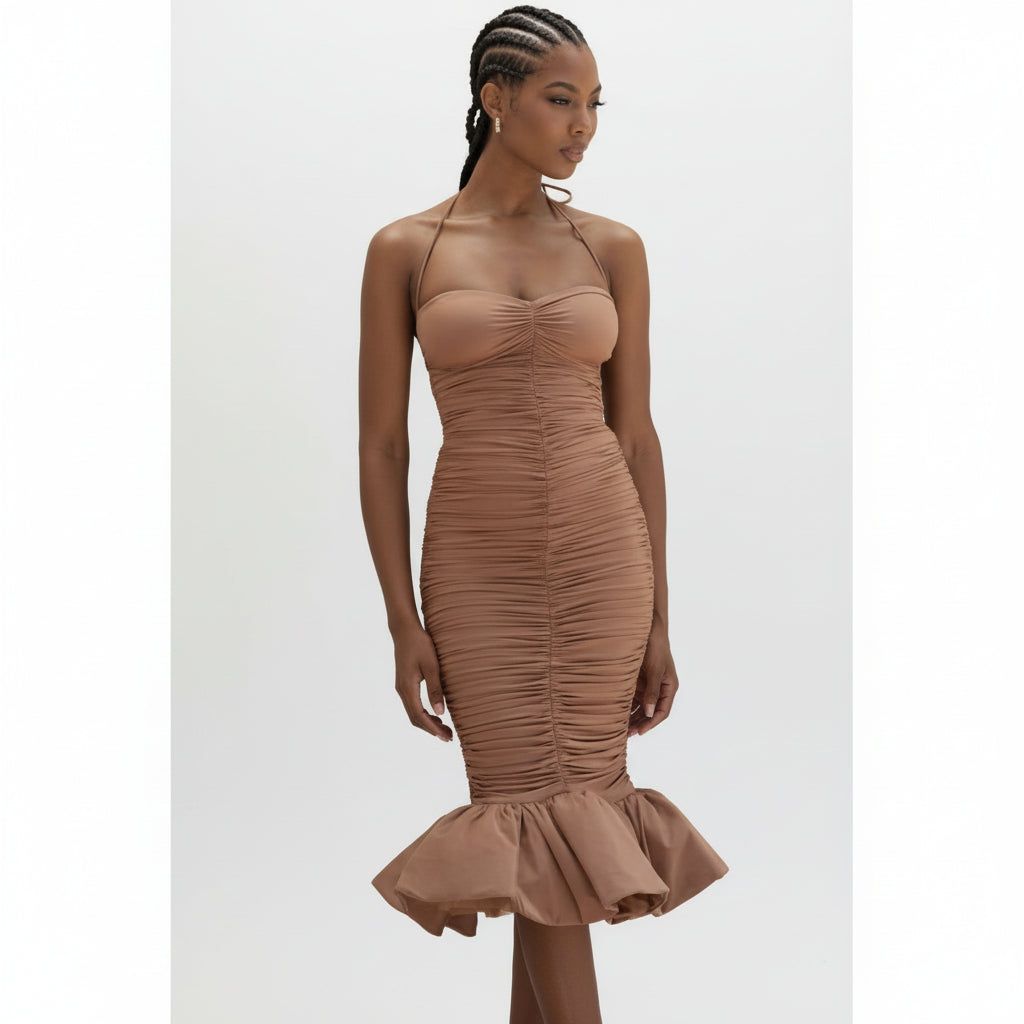 Halter Ruffle Party Midi Dress