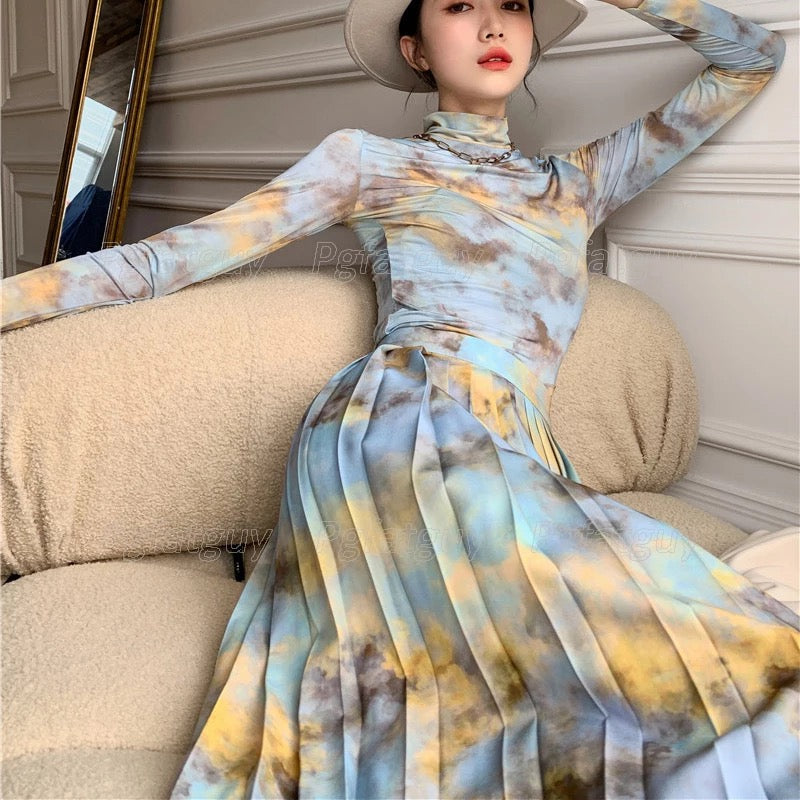 Printed High-Neck Top & Long Skirts Set