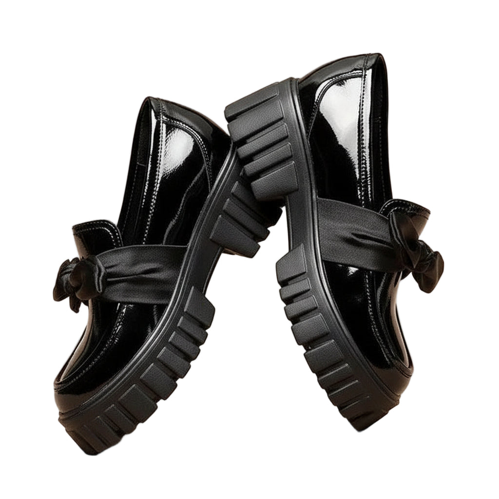 Black Platform Oxford Bowknot Glossy Shoes