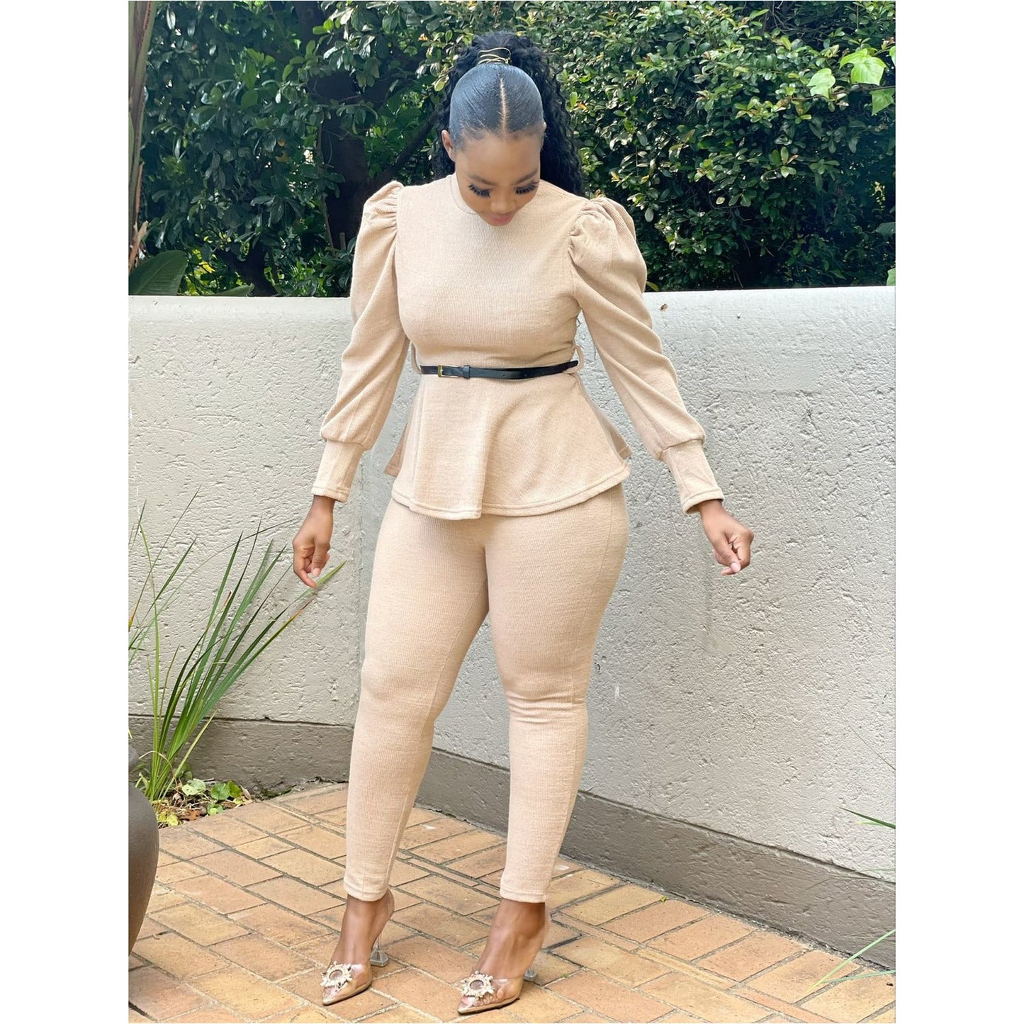 Lantern Sleeve Waist Belt Ruffles Chic Sets