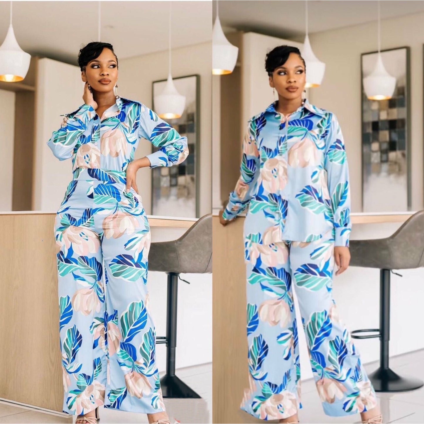 Floral Print Blouse & Pants Outfit Set