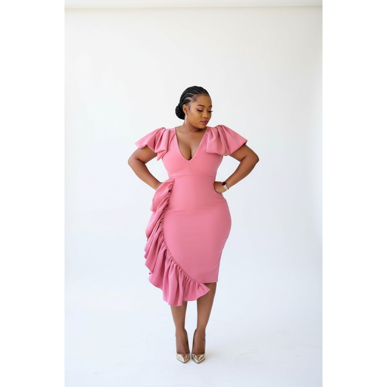 Petal Sleeve V Neck Ruffles Bodycon Midi Dress
