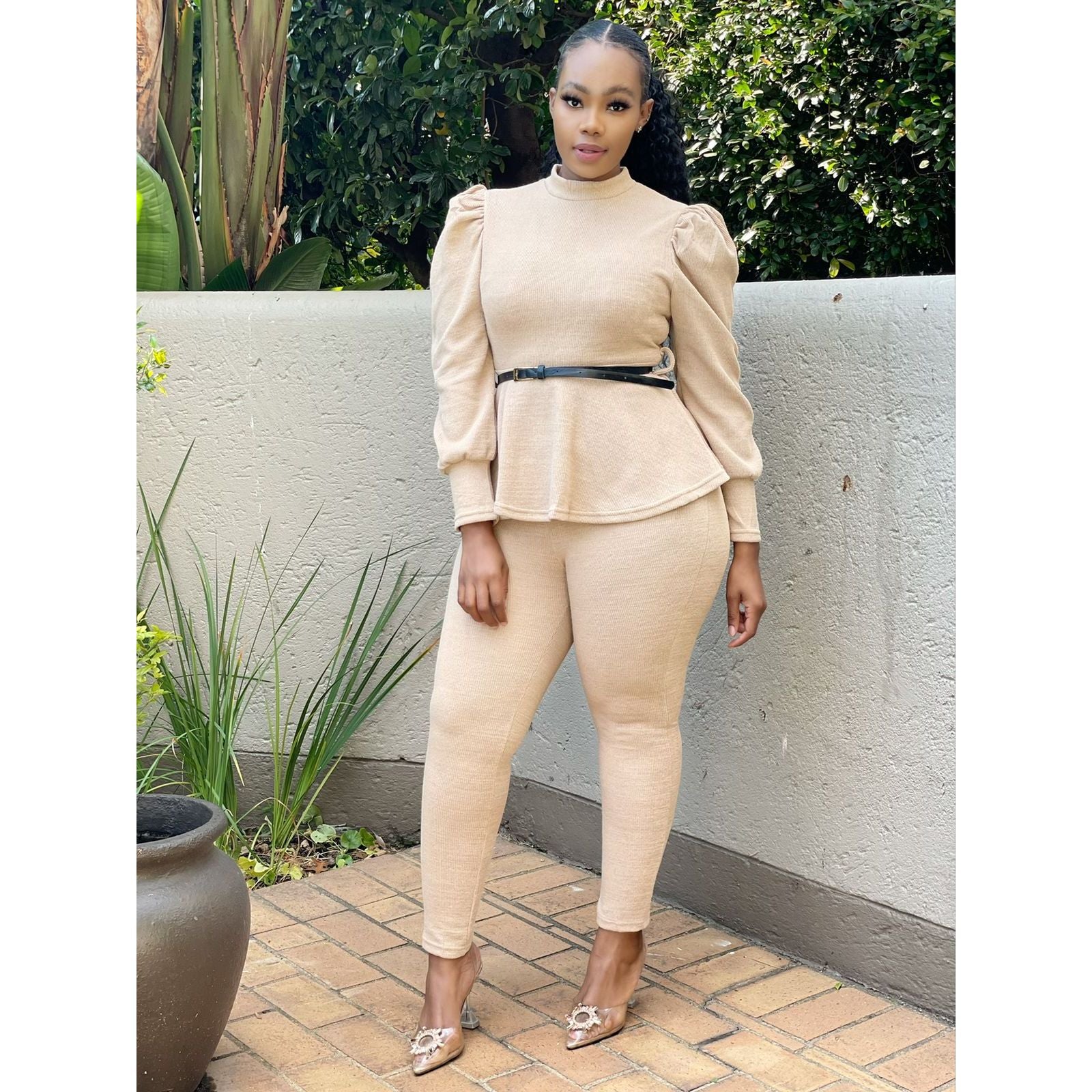 Lantern Sleeve Waist Belt Ruffles Chic Sets