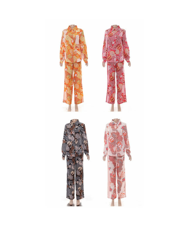 Print Turn-down Collar Blouse And Long Pants Outfits Set
