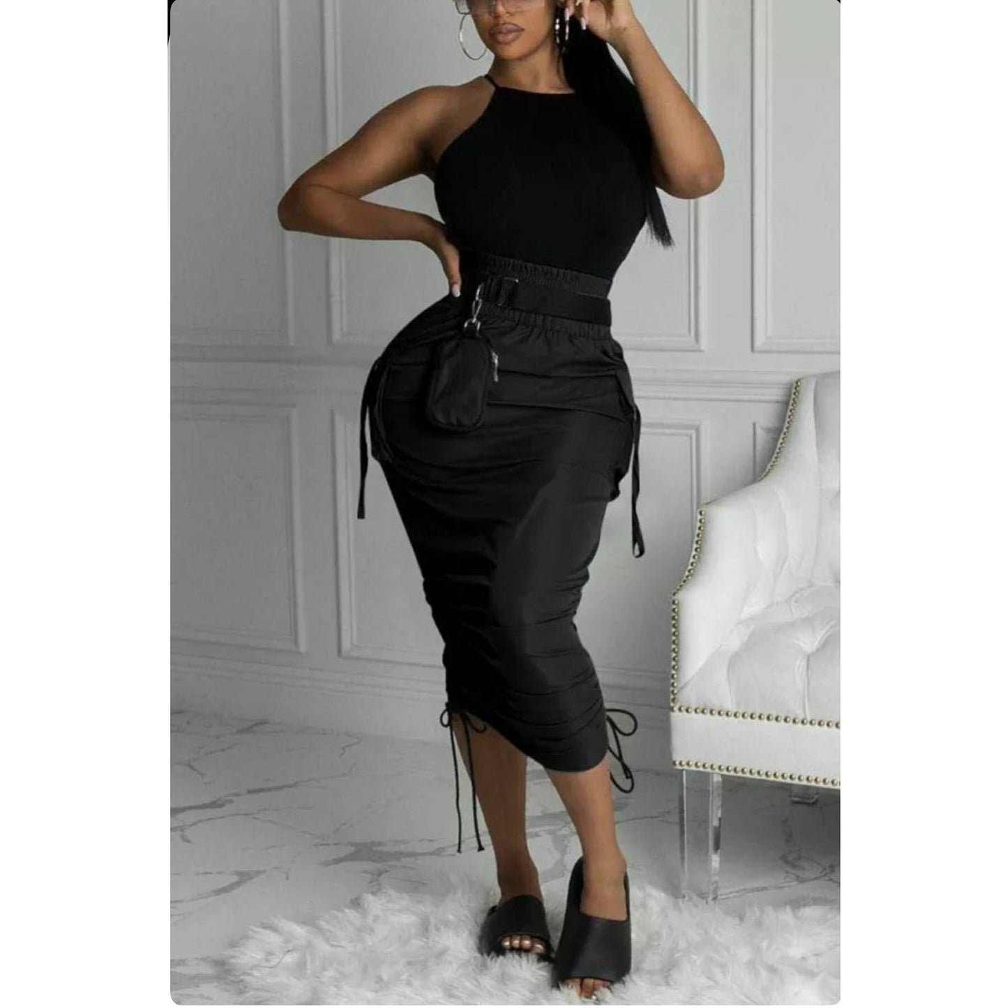 Stylish Ruched Drawstring Side Pocket Mid Calf Skirt