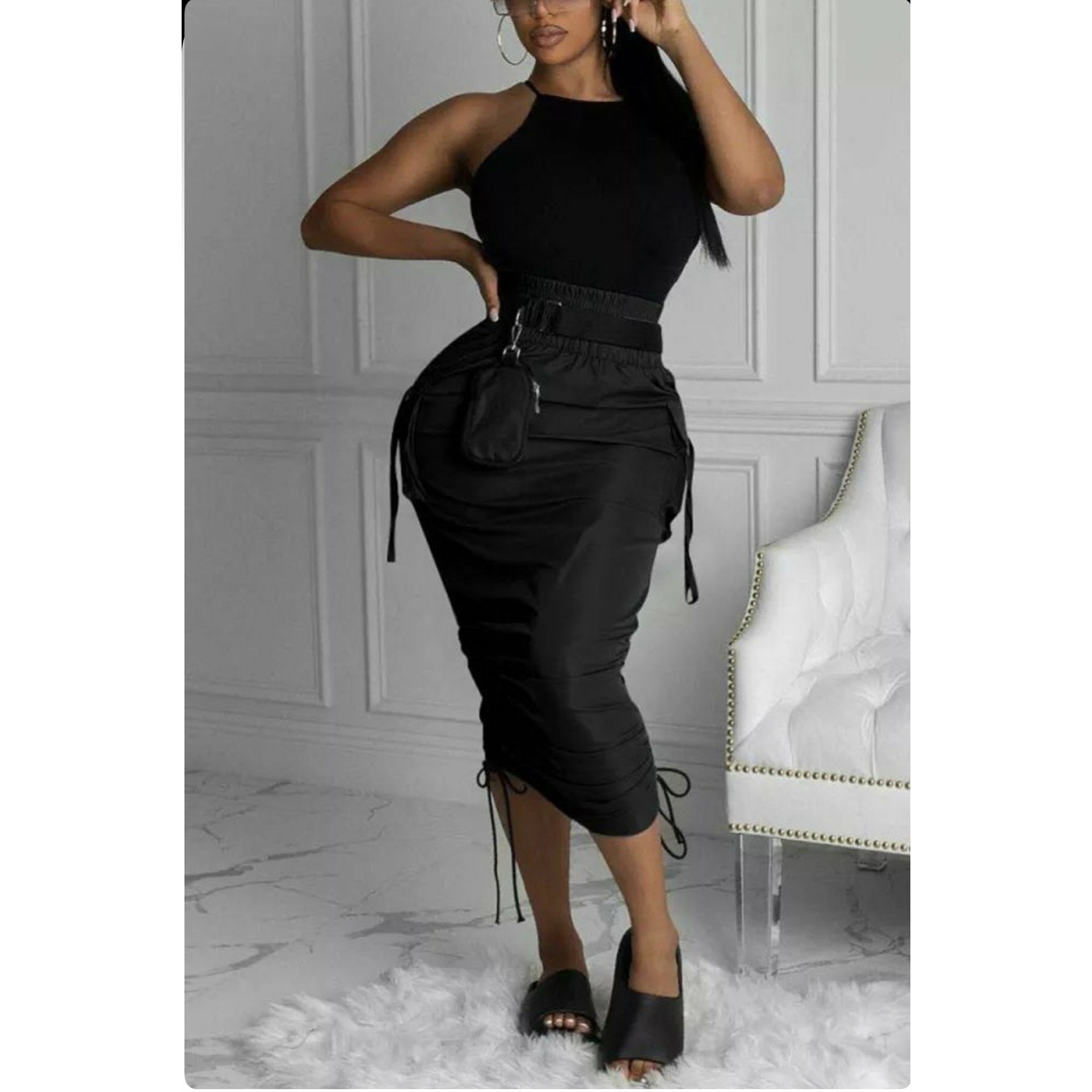 Stylish Ruched Drawstring Side Pocket Mid Calf Skirt