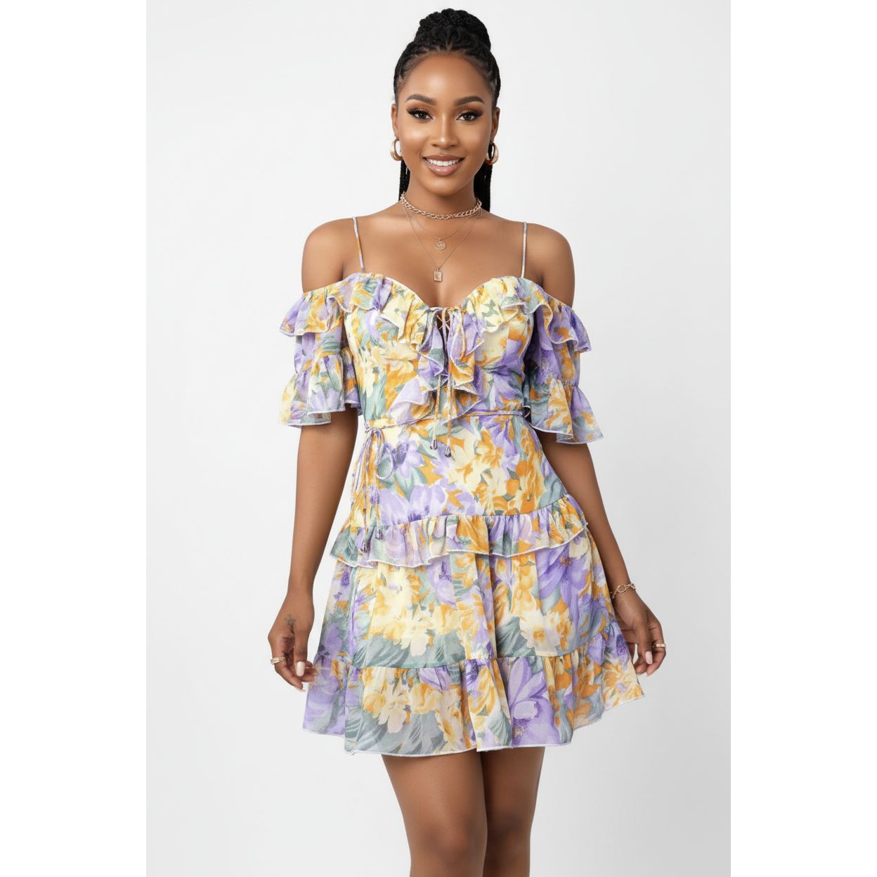 Lace-up Ruffle Floral Mini Dress