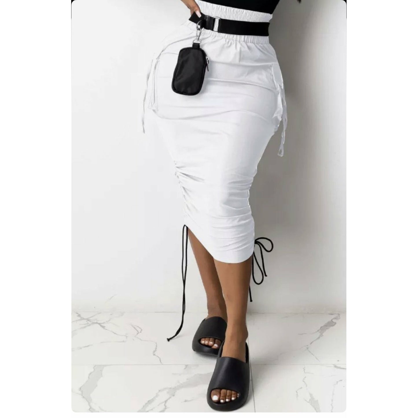 Stylish Ruched Drawstring Side Pocket Mid Calf Skirt