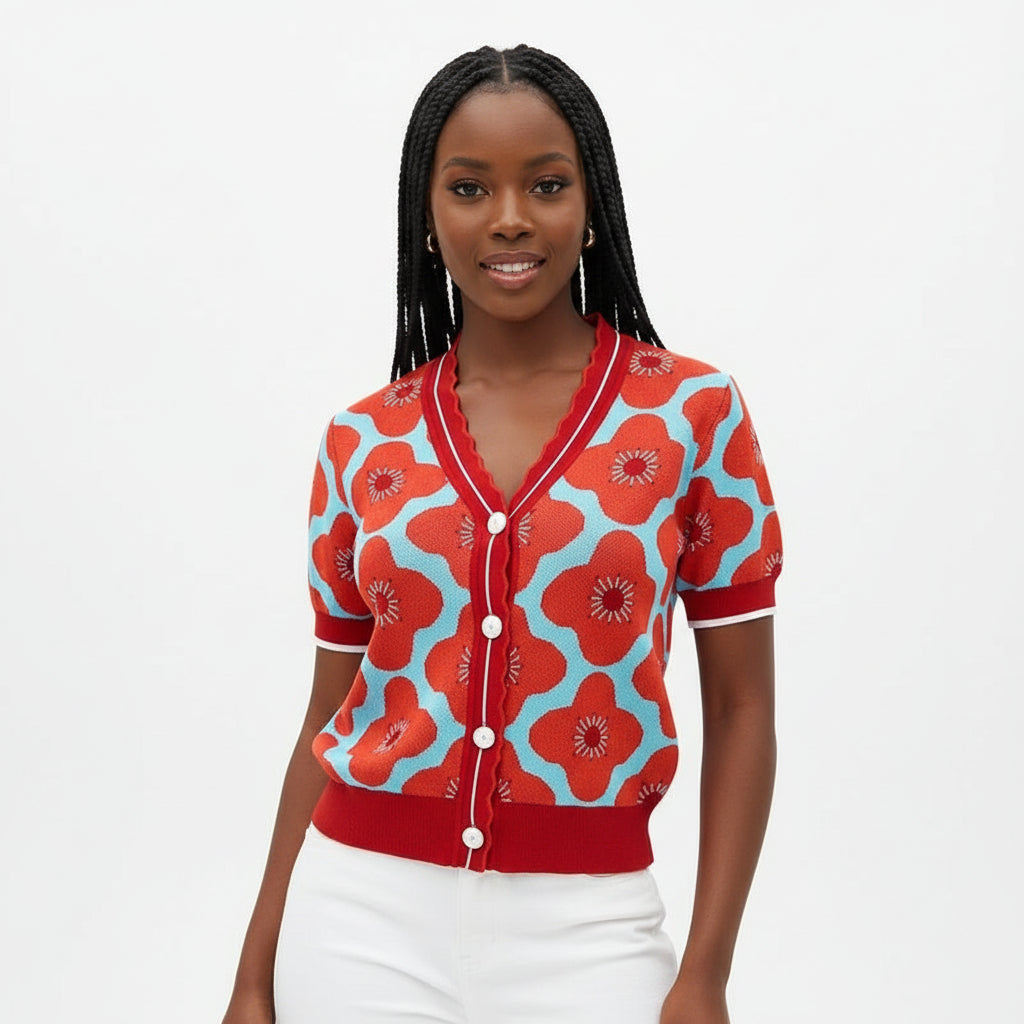 V-Neck Short Sleeve Buttoned Top
