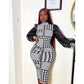 Houndstooth Print Mesh Sleeve Dress