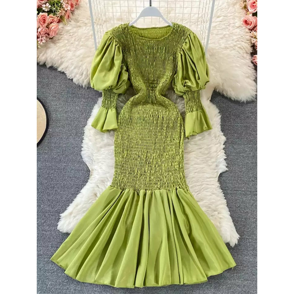 Round Neck Puff Sleeve Bodycon Dress