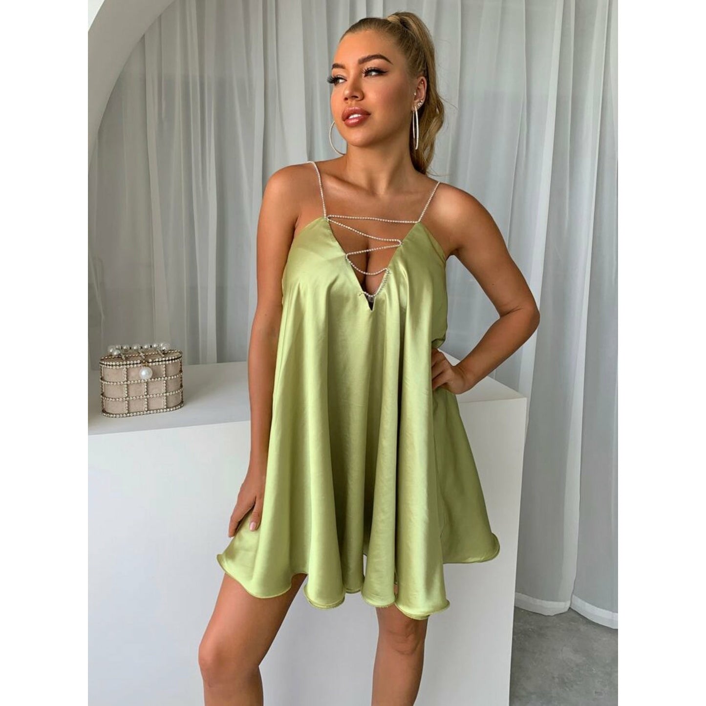 V Neck Chain Strap Backless Dress